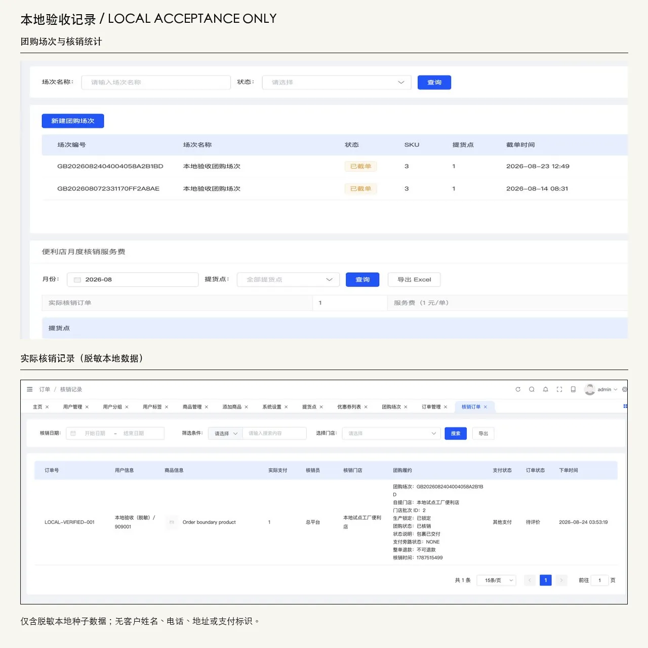 已脱敏的社区团购活动与提货核销本地验收界面
