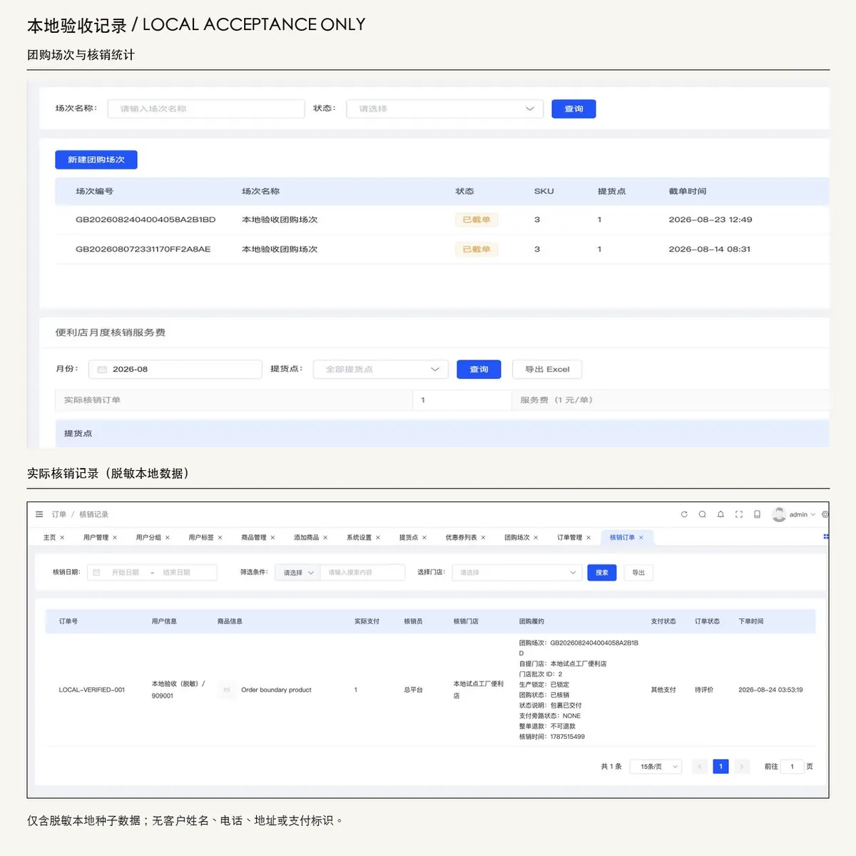 已脱敏的社区团购活动与提货核销本地验收界面